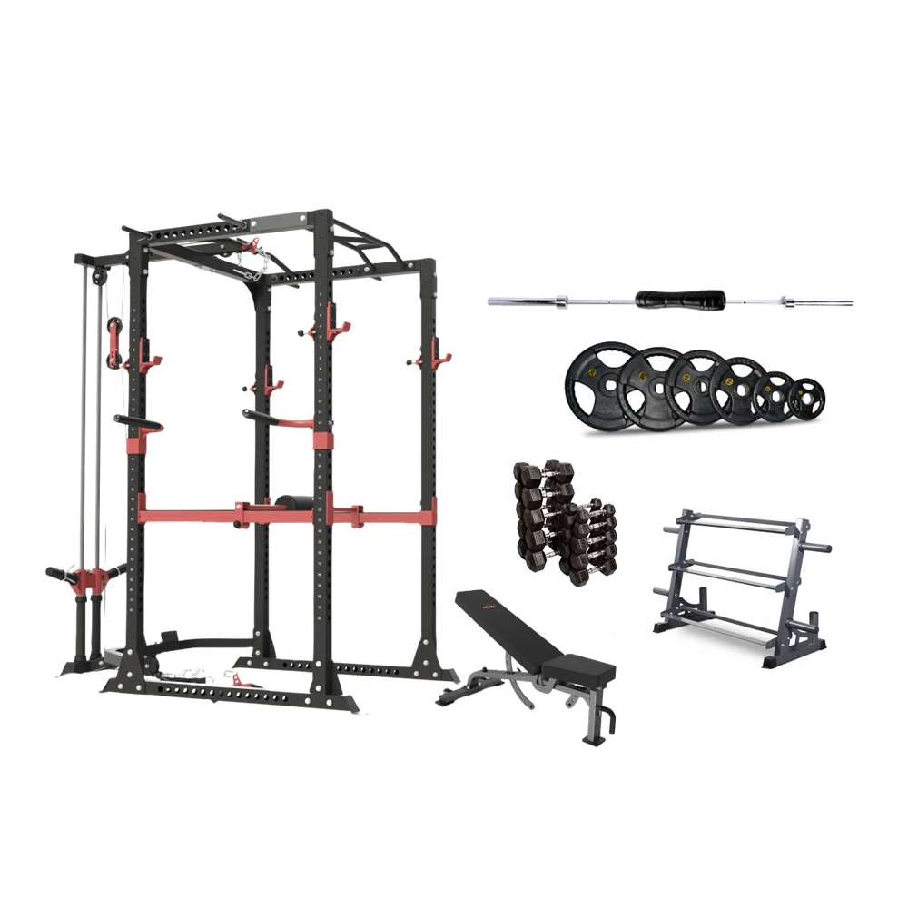 Power Rack Lat Pull FID Bench Barbell 100 Kg Oly Plates 3 Tier D/Bell Rack + 365 Kg D/Bells